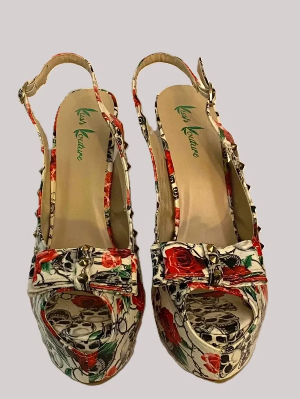 Kush Kouture Gothic Skull Rose Platform Pumps Spiked Heel Slingback Size 11